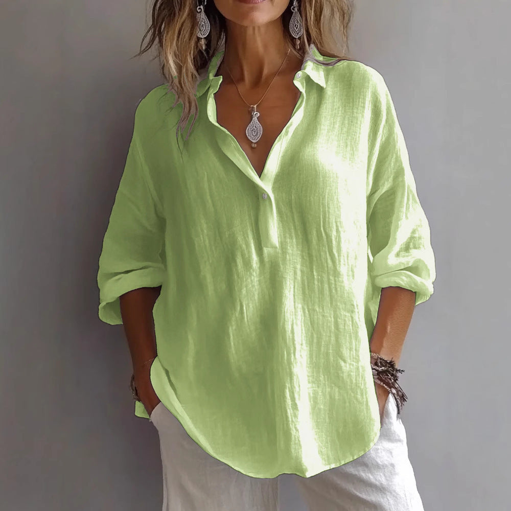 Loose Long Sleeve Linen V-neck Shirt