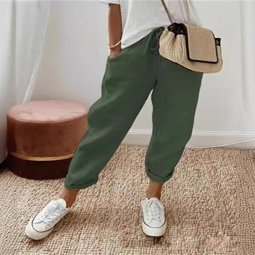 Cotton Linen Elastic-waist Cropped Casual Pants