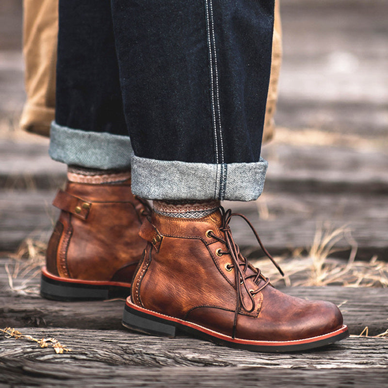 Retro Motorcycle Lace-up Leather Ankle Boots, Low Heel