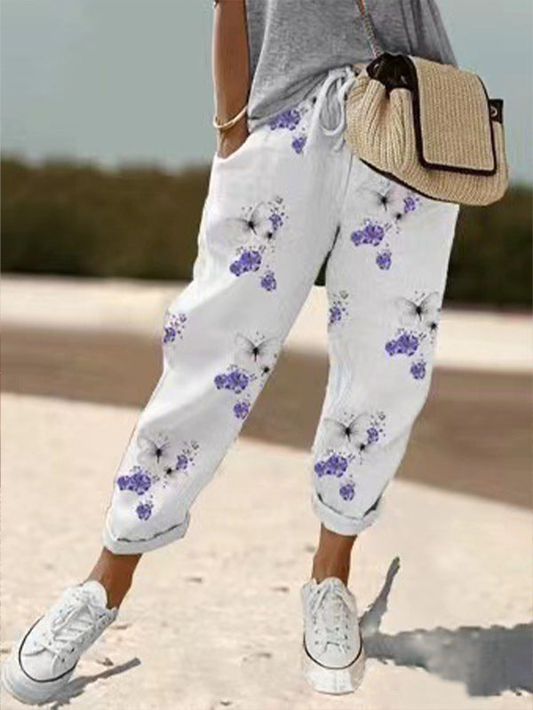 Cotton Linen Elastic-waist Cropped Casual Pants