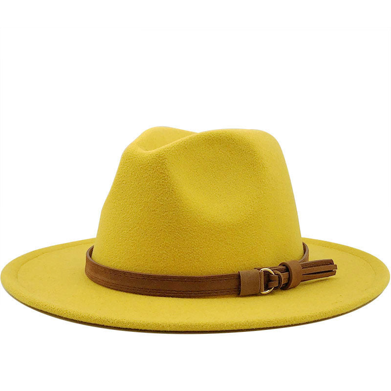 Suede Belt Wool Fedora Wide Brim Hat
