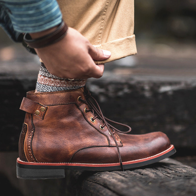 Retro Motorcycle Lace-up Leather Ankle Boots, Low Heel