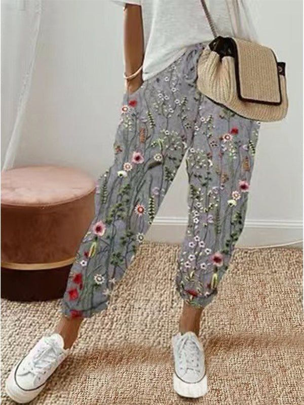 Cotton Linen Elastic-waist Cropped Casual Pants