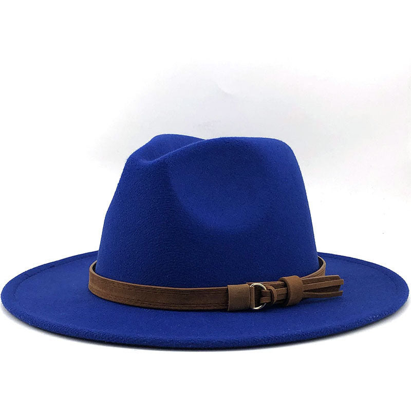 Suede Belt Wool Fedora Wide Brim Hat