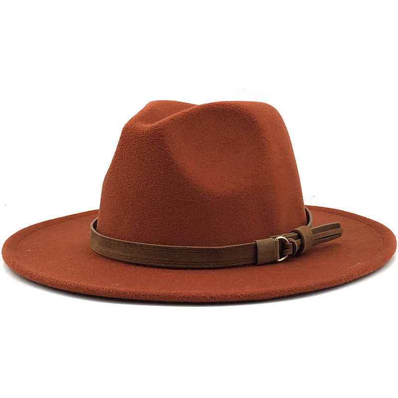 Suede Belt Wool Fedora Wide Brim Hat