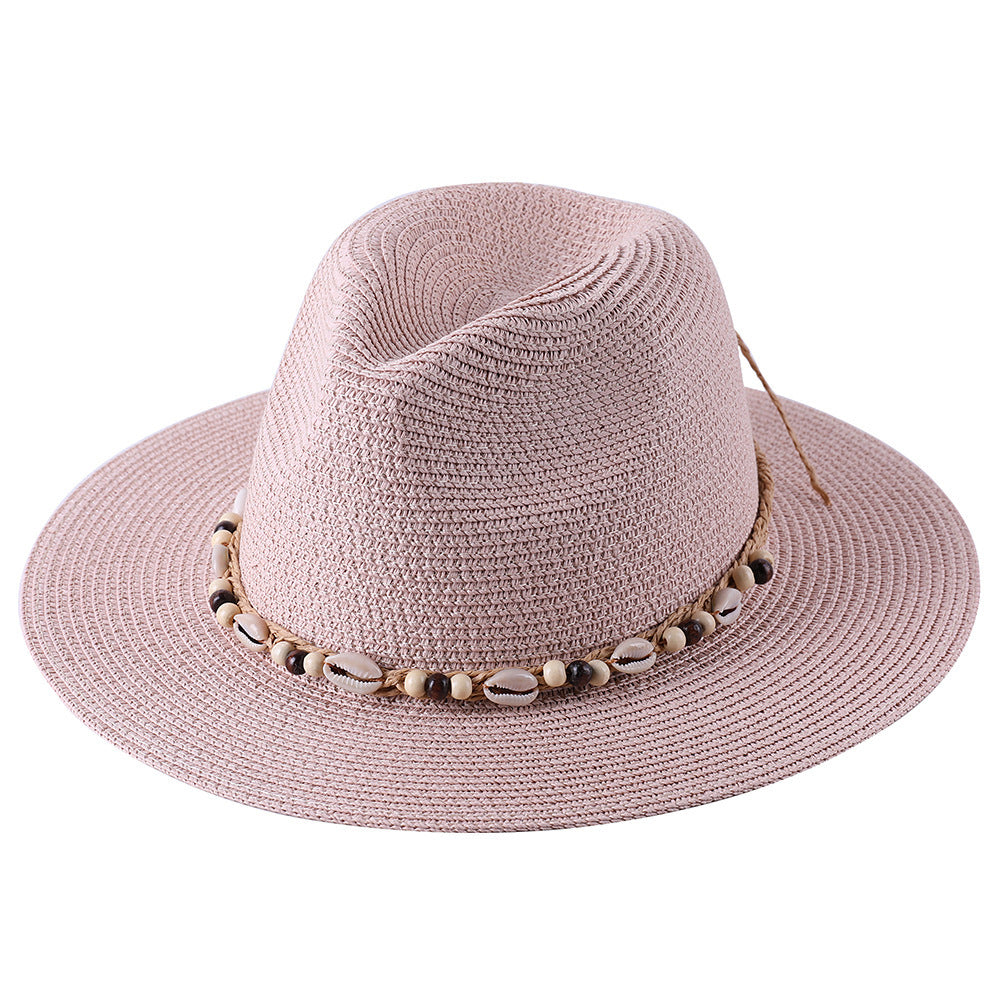 Female Summer Sun Hat with Seaside Shell Wooden Bead Band
