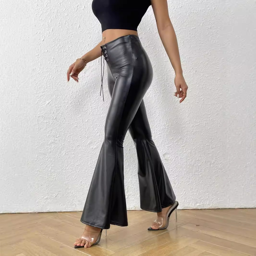 Black Leather Elastic Waist Bell-bottom Pants
