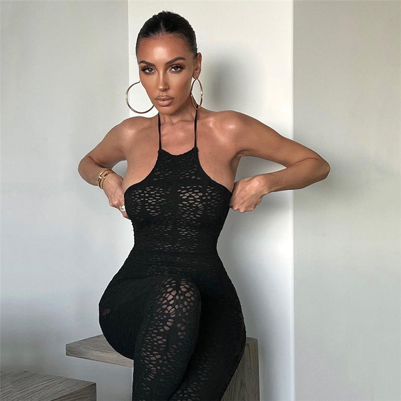 Women's Sleeveless Tattered Mesh Jumpsuit