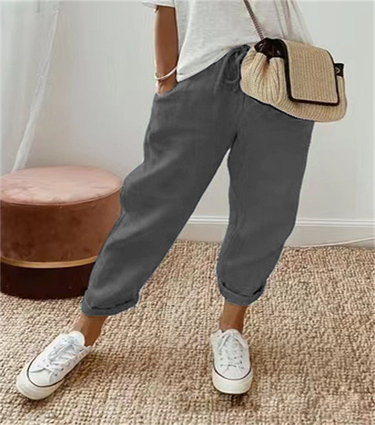 Cotton Linen Elastic-waist Cropped Casual Pants