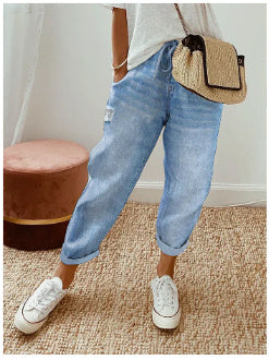 Cotton Linen Elastic-waist Cropped Casual Pants