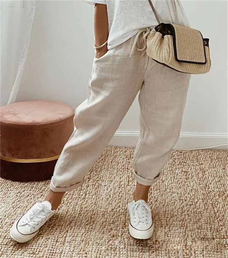 Cotton Linen Elastic-waist Cropped Casual Pants