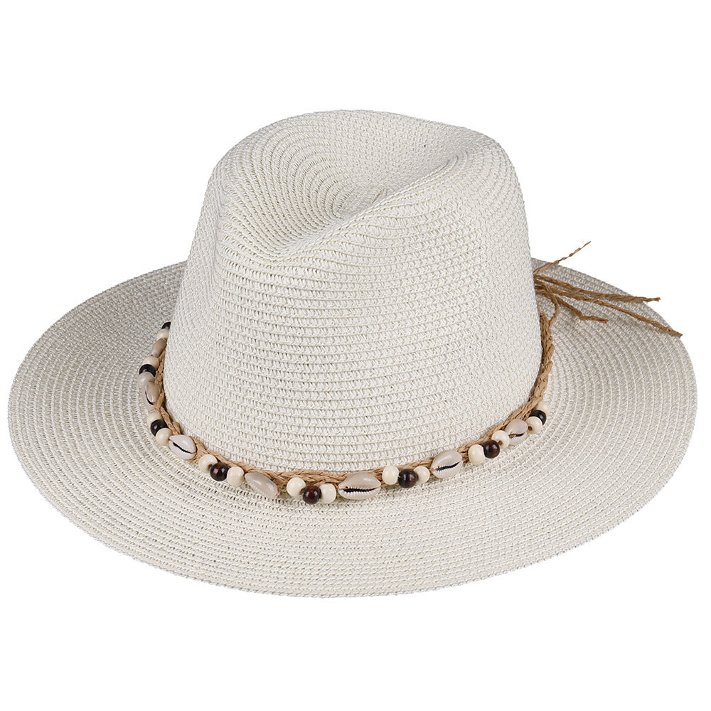Female Summer Sun Hat with Seaside Shell Wooden Bead Band