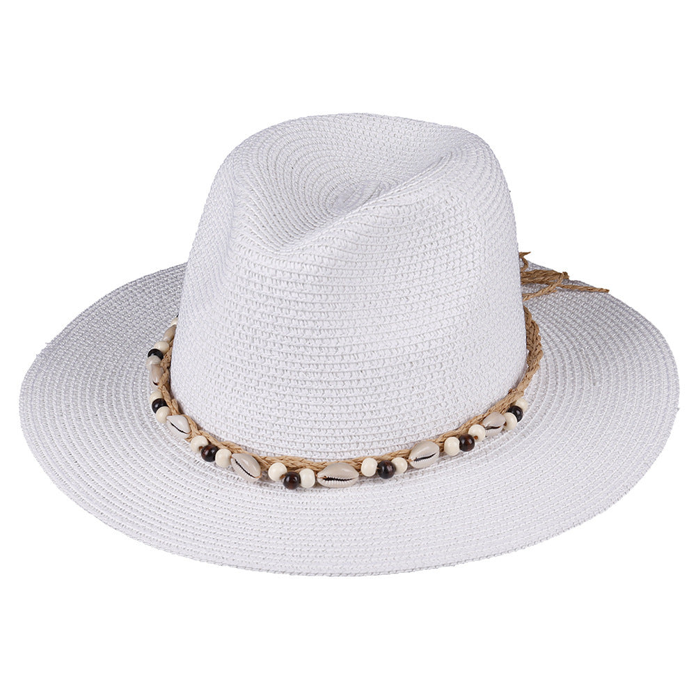Female Summer Sun Hat with Seaside Shell Wooden Bead Band