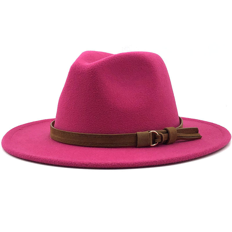 Suede Belt Wool Fedora Wide Brim Hat