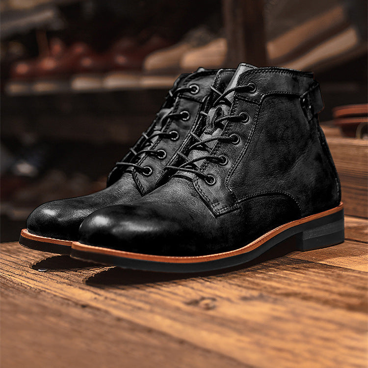 Retro Motorcycle Lace-up Leather Ankle Boots, Low Heel