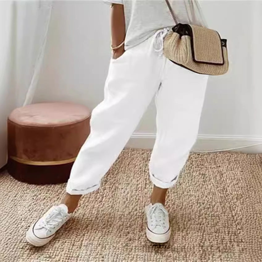 Cotton Linen Elastic-waist Cropped Casual Pants