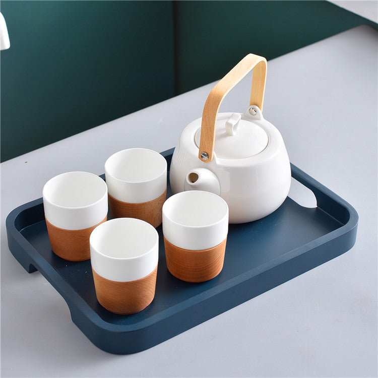 Japanese 3 Piece Bamboo and Porcelain Tea Set