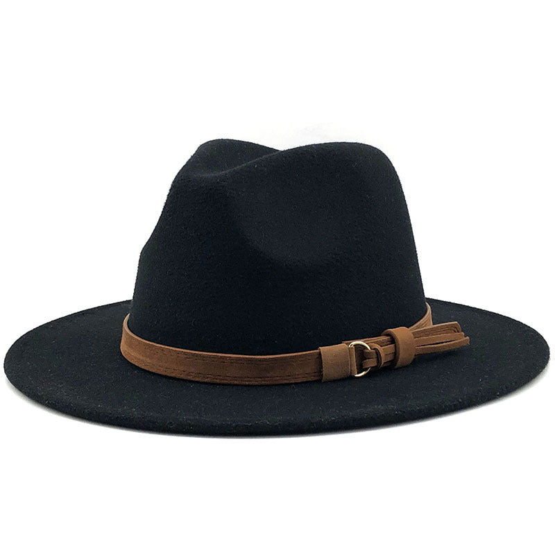 Suede Belt Wool Fedora Wide Brim Hat
