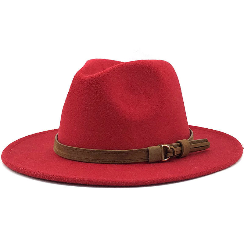 Suede Belt Wool Fedora Wide Brim Hat