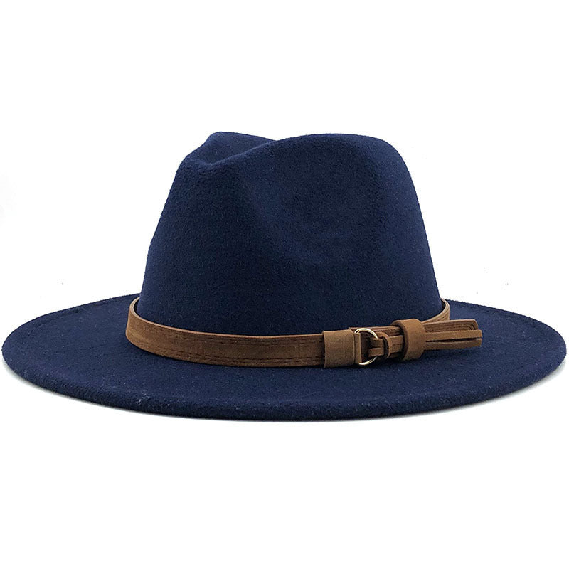 Suede Belt Wool Fedora Wide Brim Hat